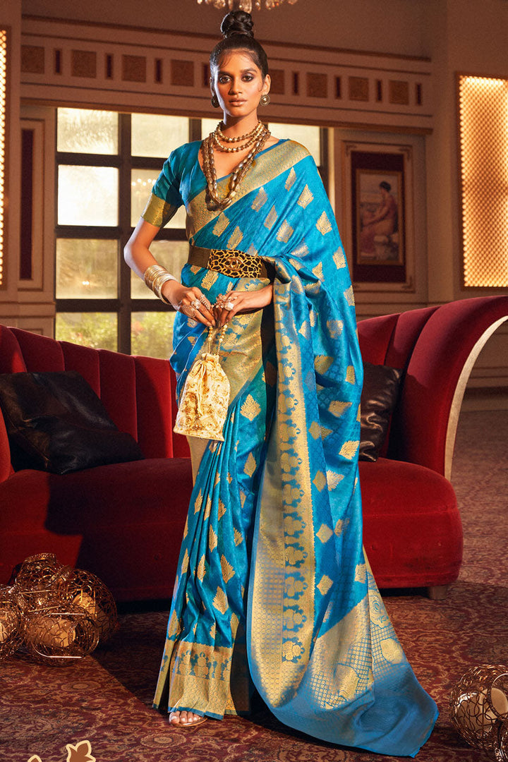 Soothing Art Silk Weaving Design Festive Saree In Sky Blue Color