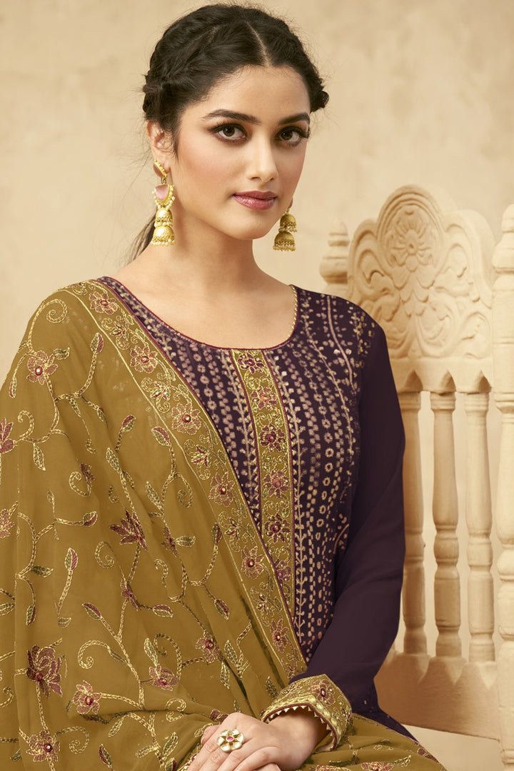 Georgette Fabric Function Wear EmbroideWine Designer Salwar Suit In Wine Color