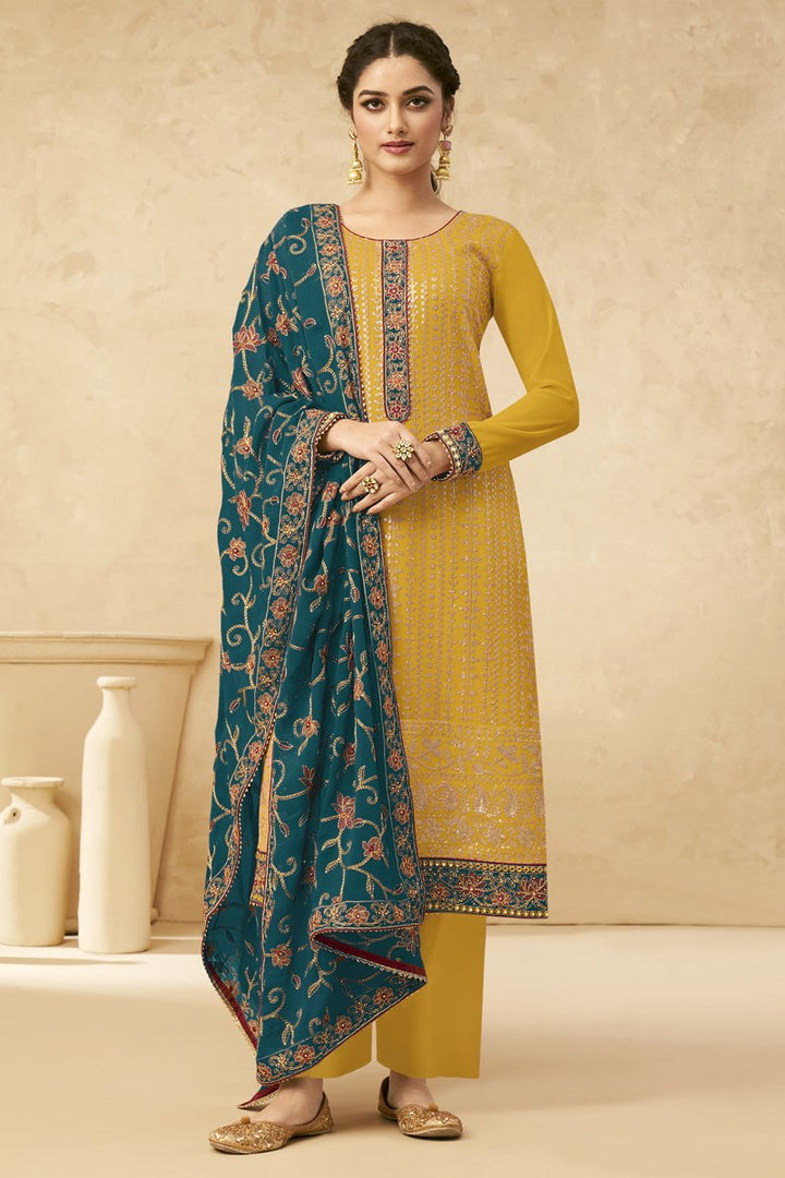 Mustard Color Georgette Fabric Fancy EmbroideMustard Function Wear Designer Salwar Suit