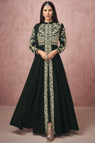 Dark Green Color Sangeet Wear Chic Embroidered Georgette Fabric Anarkali Suit