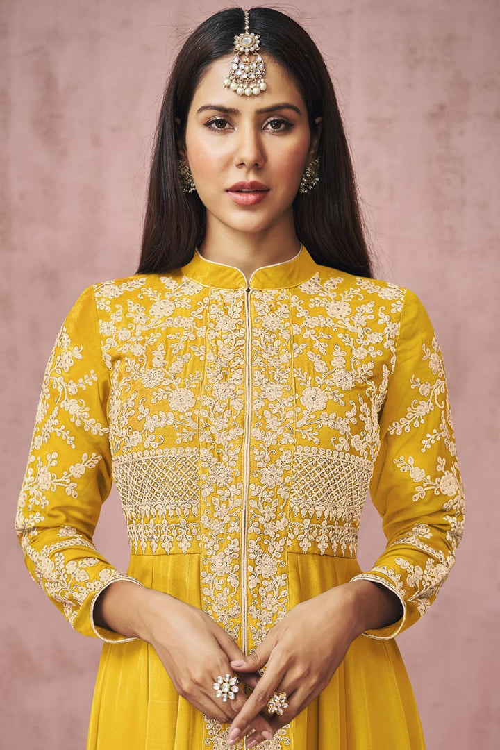 Georgette Fabric Sangeet Wear Chic Embroidered Anarkali Suit In Yellow Color