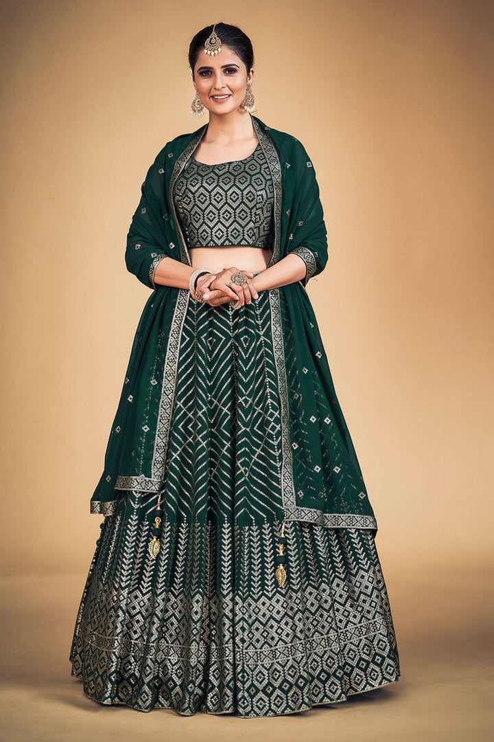 Dark Green Georgette Fabric Enticing Function Look Readymade Lehenga Choli