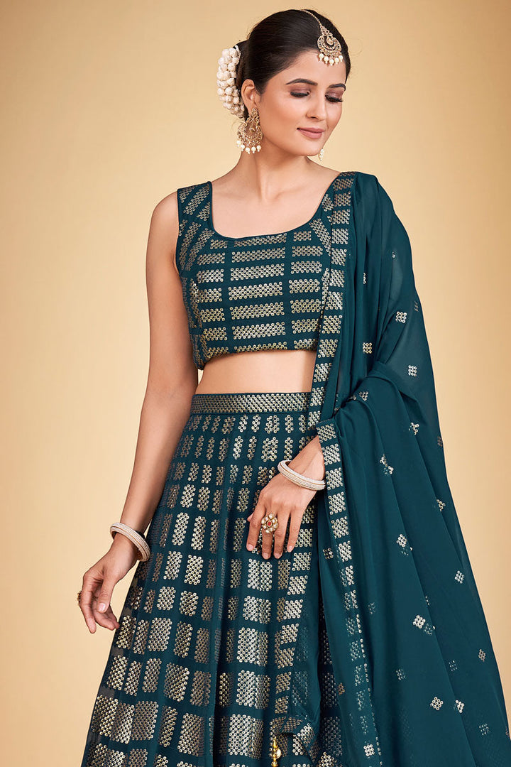 Georgette Fabric Teal Fantastic Function Look Readymade Lehenga Choli