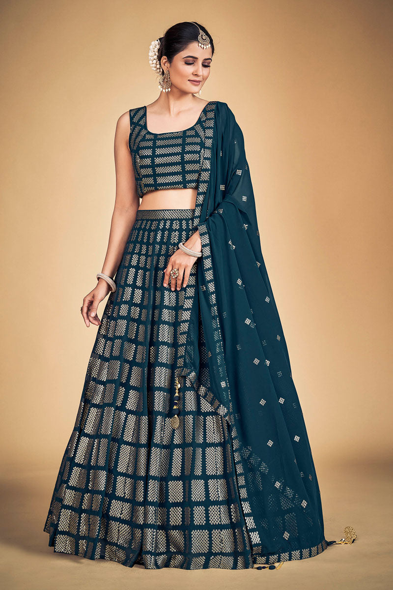 Georgette Fabric Teal Fantastic Function Look Readymade Lehenga Choli