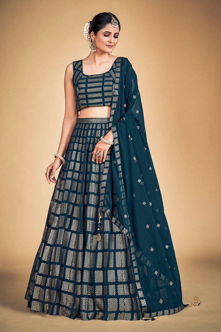 Georgette Fabric Teal Fantastic Function Look Readymade Lehenga Choli