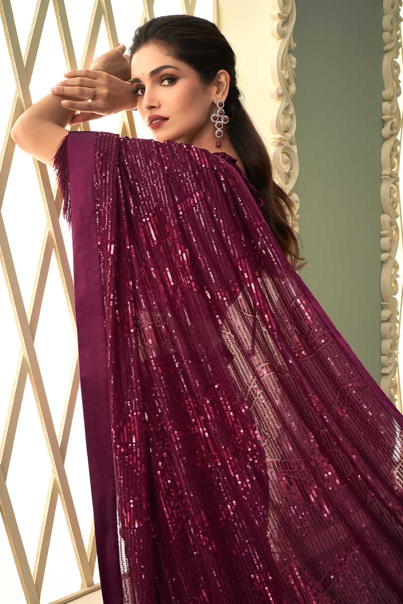 Georgette Fabric Burgundy Color Winsome Vartika Sing Saree