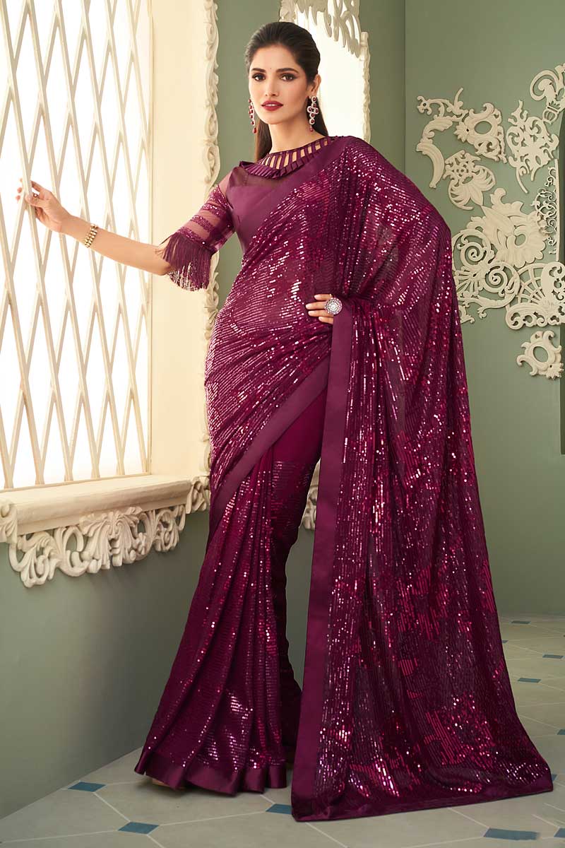 Georgette Fabric Burgundy Color Winsome Vartika Sing Saree