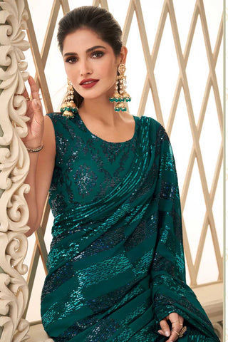 Teal Color Georgette Fabric Vivacious Vartika Sing Saree