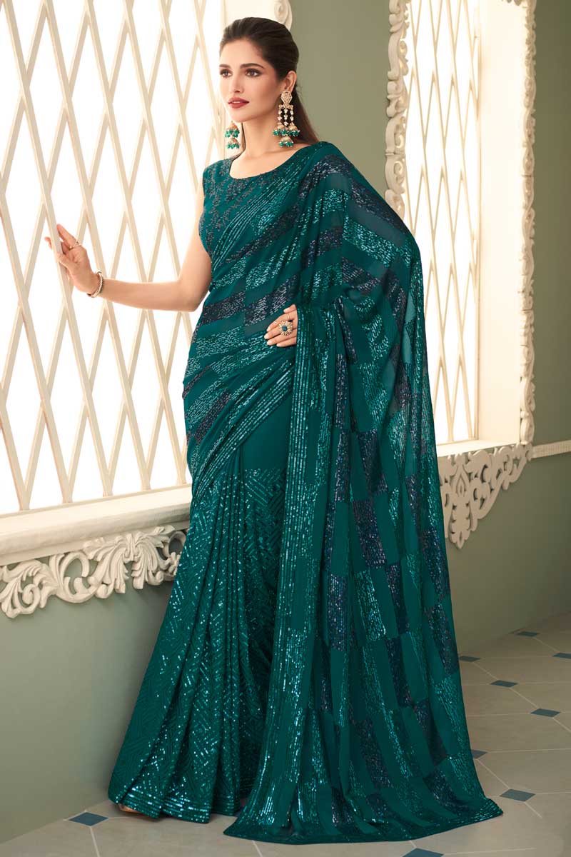 Teal Color Georgette Fabric Vivacious Vartika Sing Saree