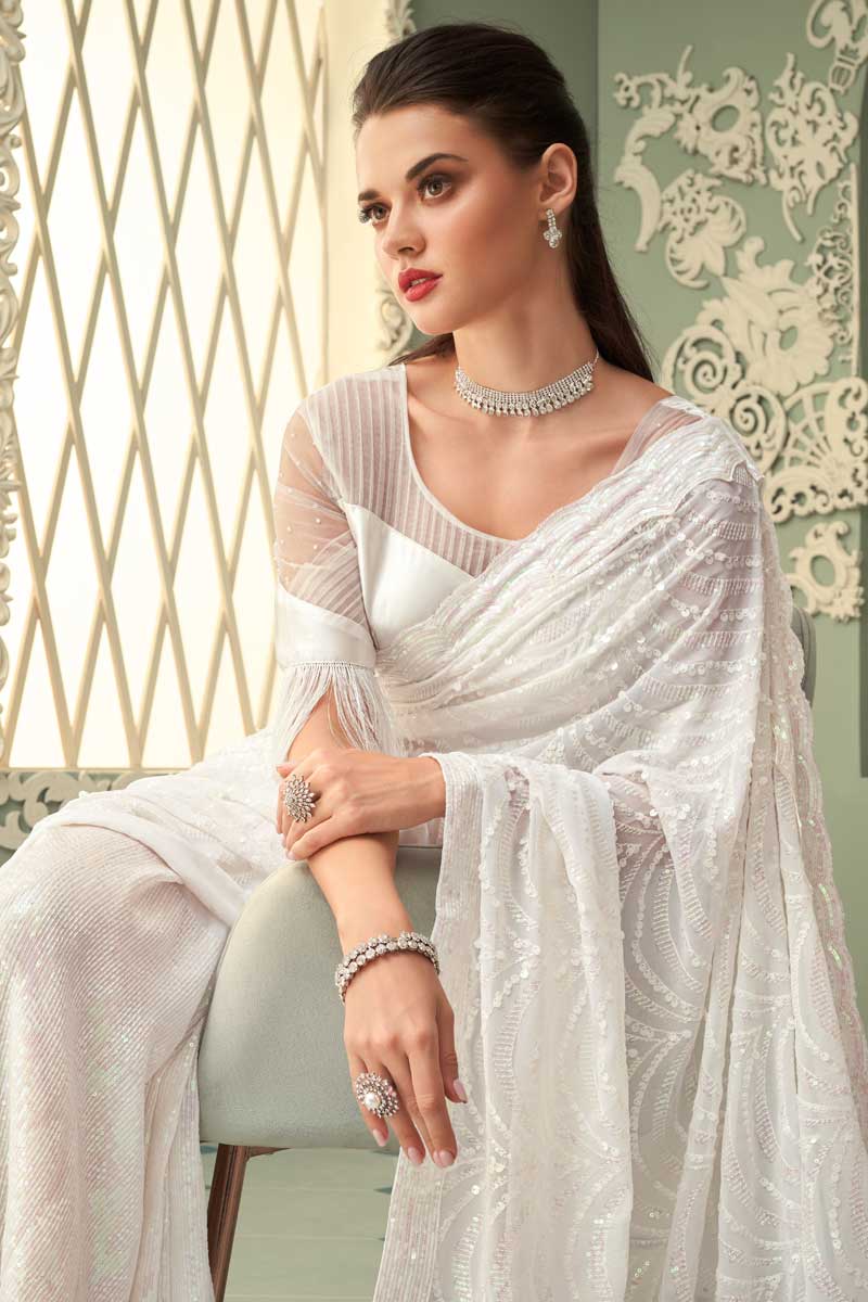 Georgette Fabric White Color Intriguing Eugeniya Belousova Saree