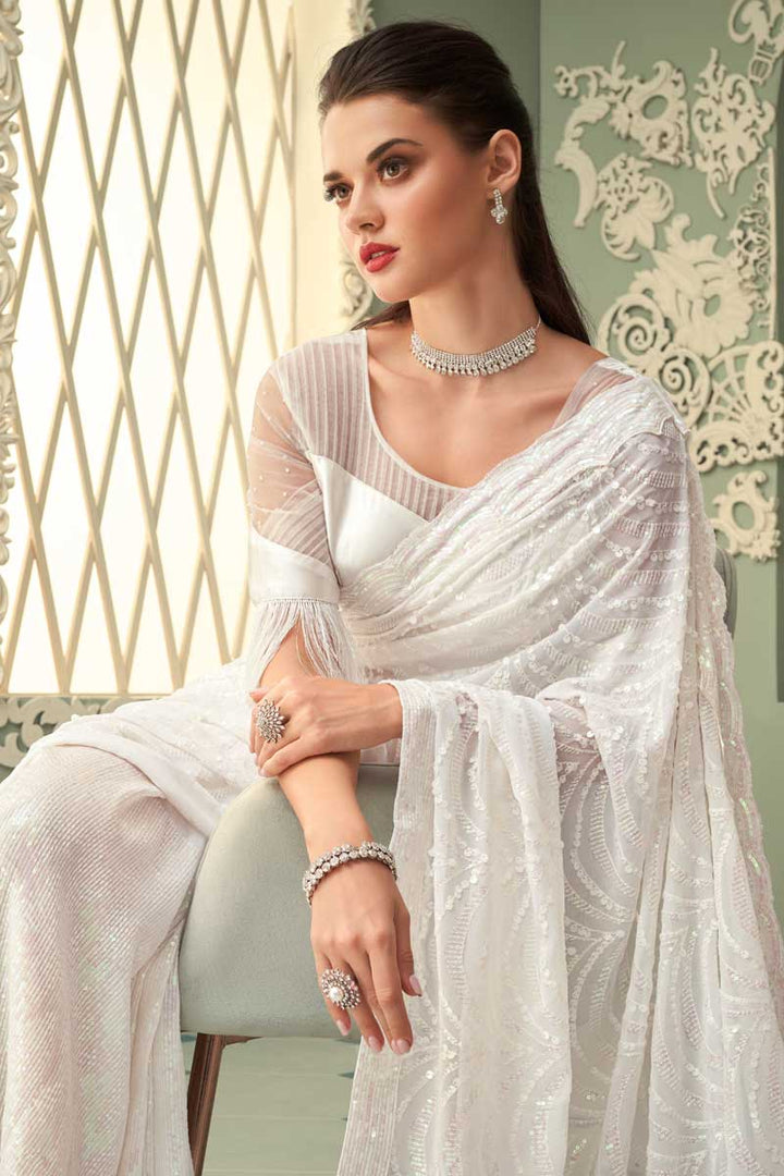 Georgette Fabric White Color Intriguing Eugeniya Belousova Saree