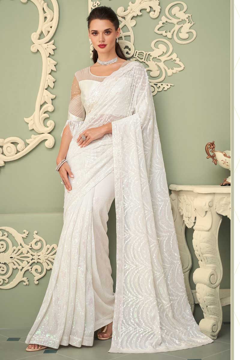 Georgette Fabric White Color Intriguing Eugeniya Belousova Saree