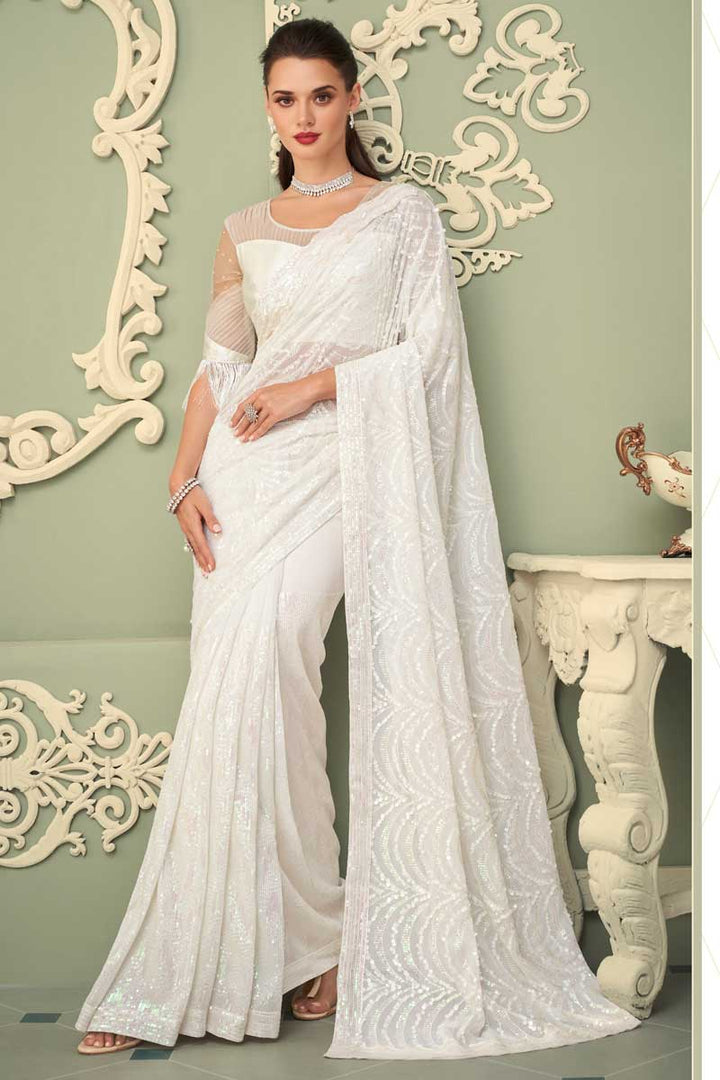 Georgette Fabric White Color Intriguing Eugeniya Belousova Saree