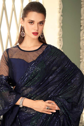 Navy Blue Color Enthralling Eugeniya Belousova Saree In Georgette Fabric