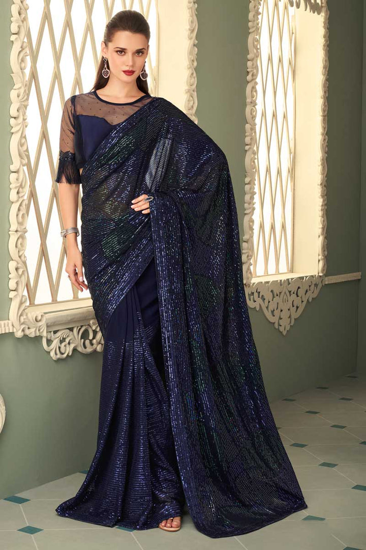 Navy Blue Color Enthralling Eugeniya Belousova Saree In Georgette Fabric