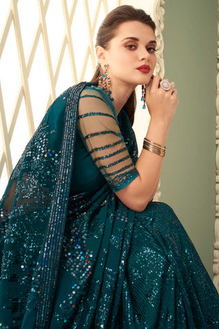 Attractive Georgette Fabric Teal Color Eugeniya Belousova Saree