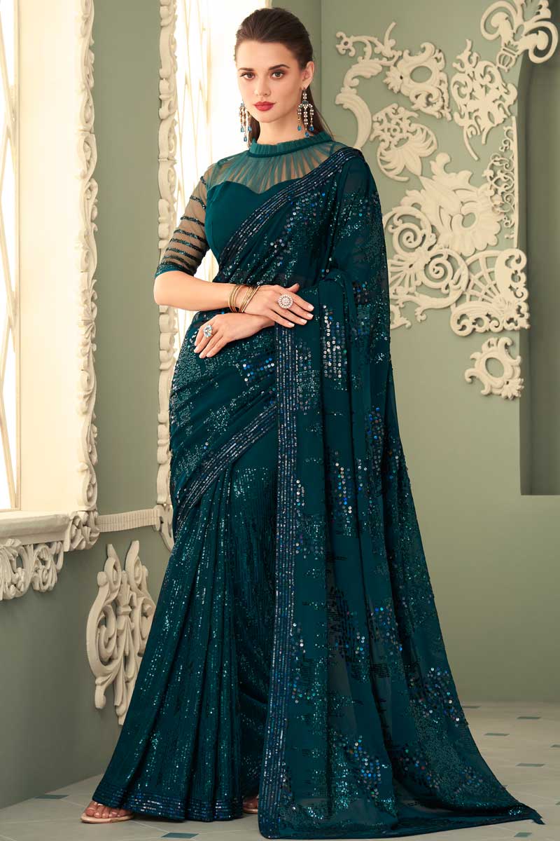 Attractive Georgette Fabric Teal Color Eugeniya Belousova Saree