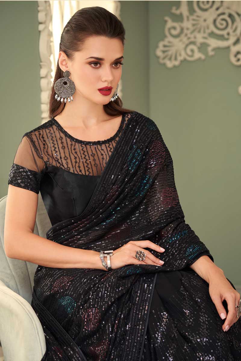 Black Color Georgette Fabric Patterned Eugeniya Belousova Saree