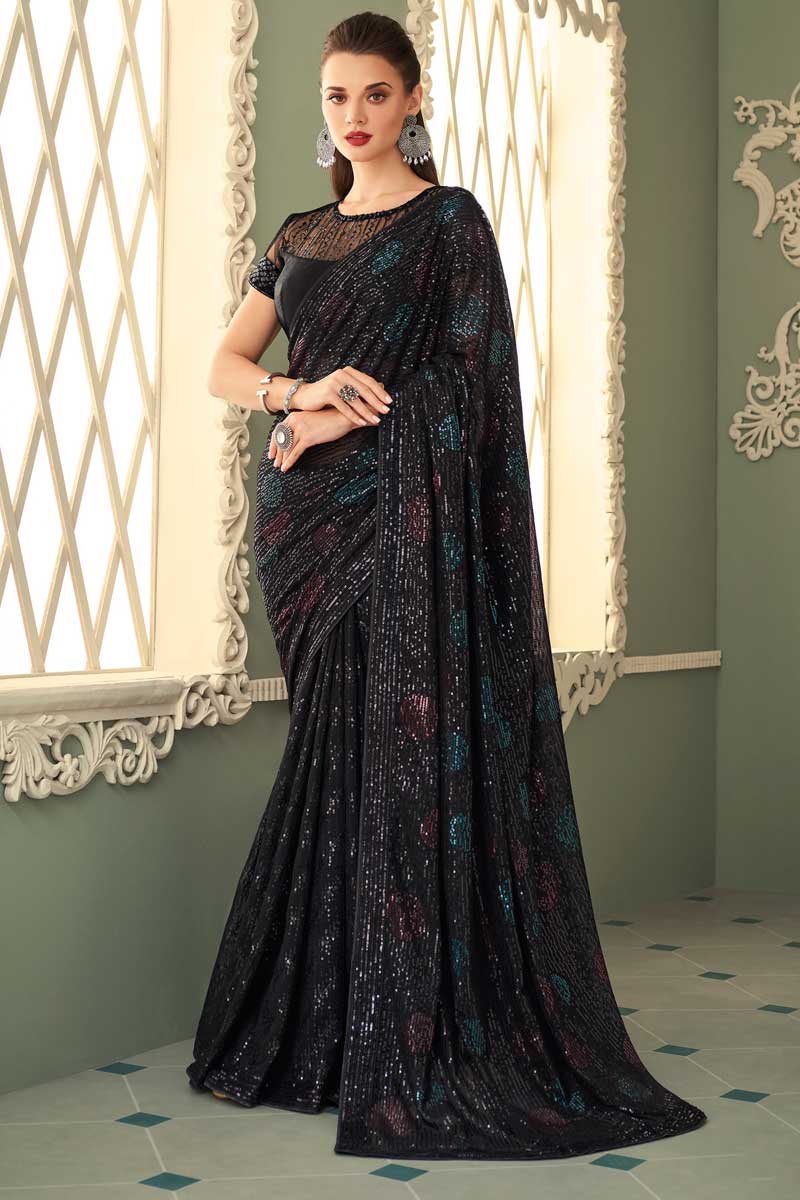 Black Color Georgette Fabric Patterned Eugeniya Belousova Saree