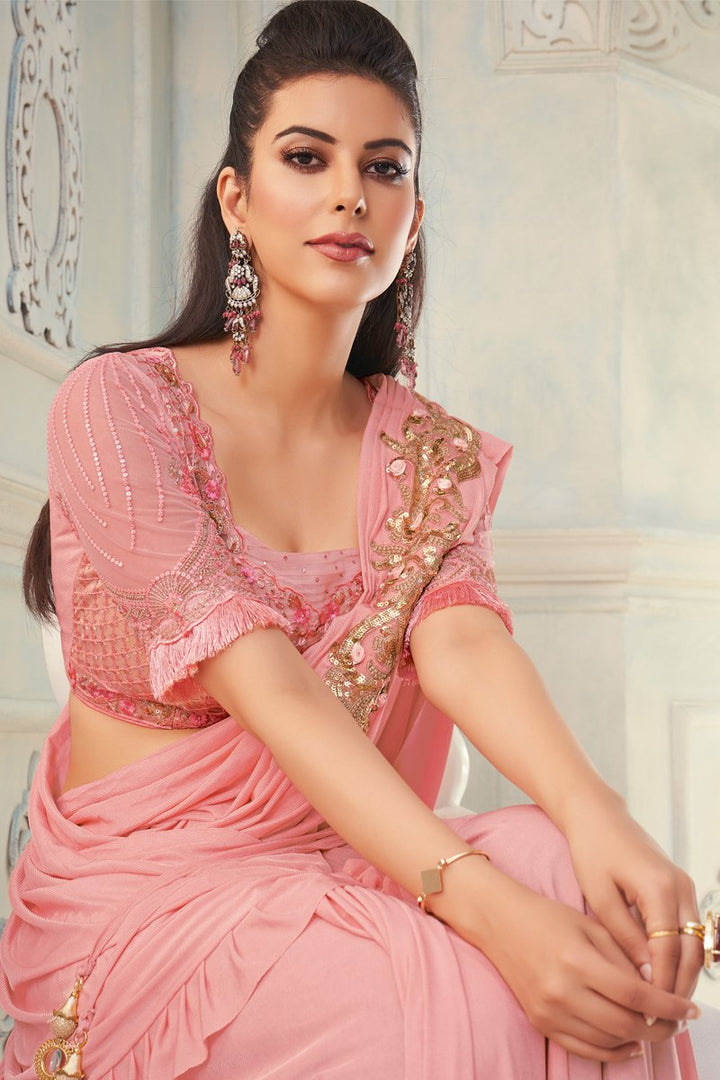 Art Silk Fabric Reception Wear Pink Color Embroidered Designer Saree