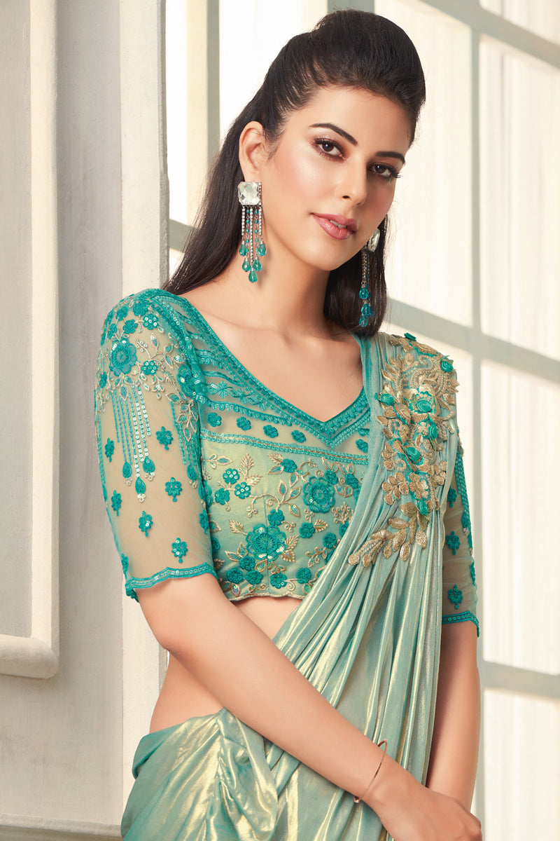 Cyan Color Art Silk Fabric Embroidered Designer Saree