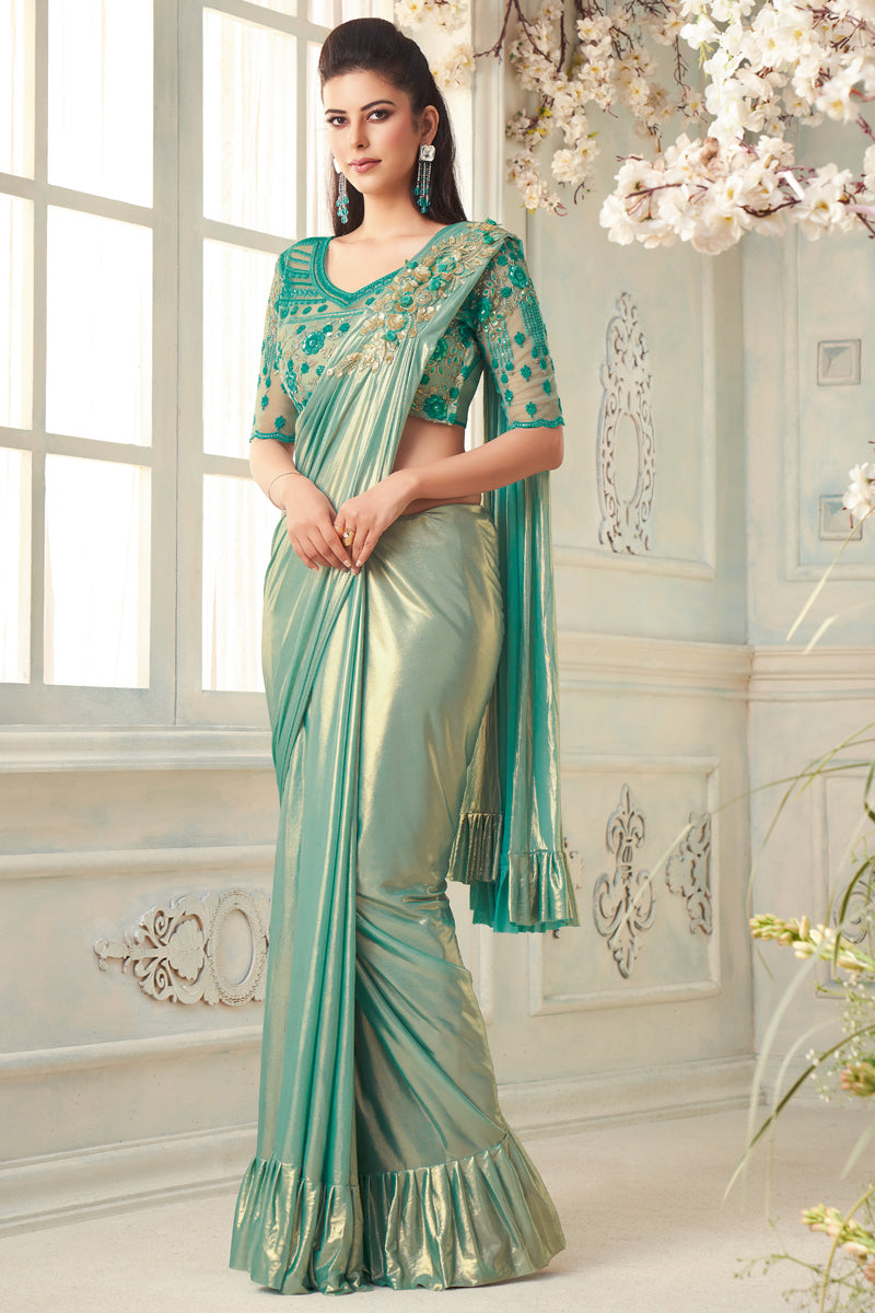 Cyan Color Art Silk Fabric Embroidered Designer Saree