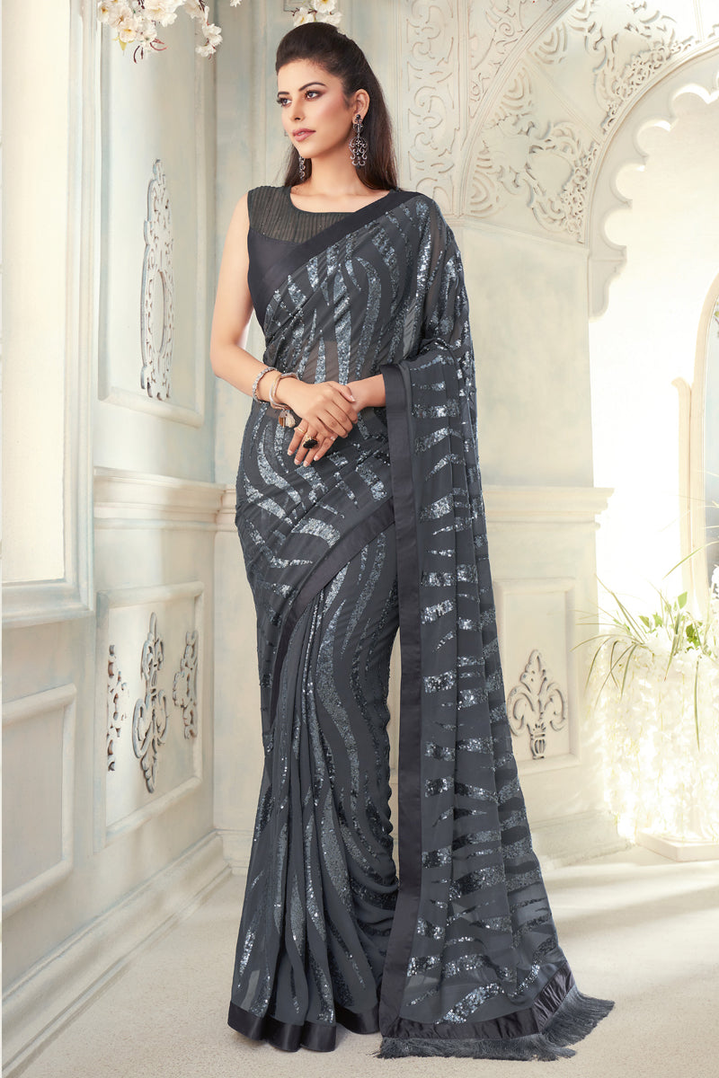 Grey Color Georgette Fabric Embroidered Designer Saree