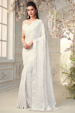 White Color Georgette Fabric Embroidered Designer Saree