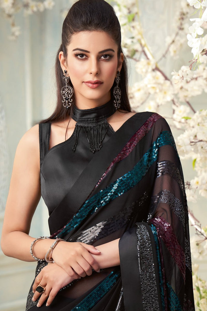 Party Wear Black Color Georgette Fabric Embroidered Designer Saree