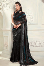 Load image into Gallery viewer, Party Wear Black Color Georgette Fabric Embroidered Designer Saree
