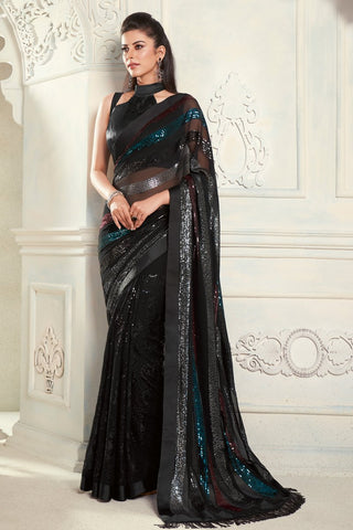 Party Wear Black Color Georgette Fabric Embroidered Designer Saree