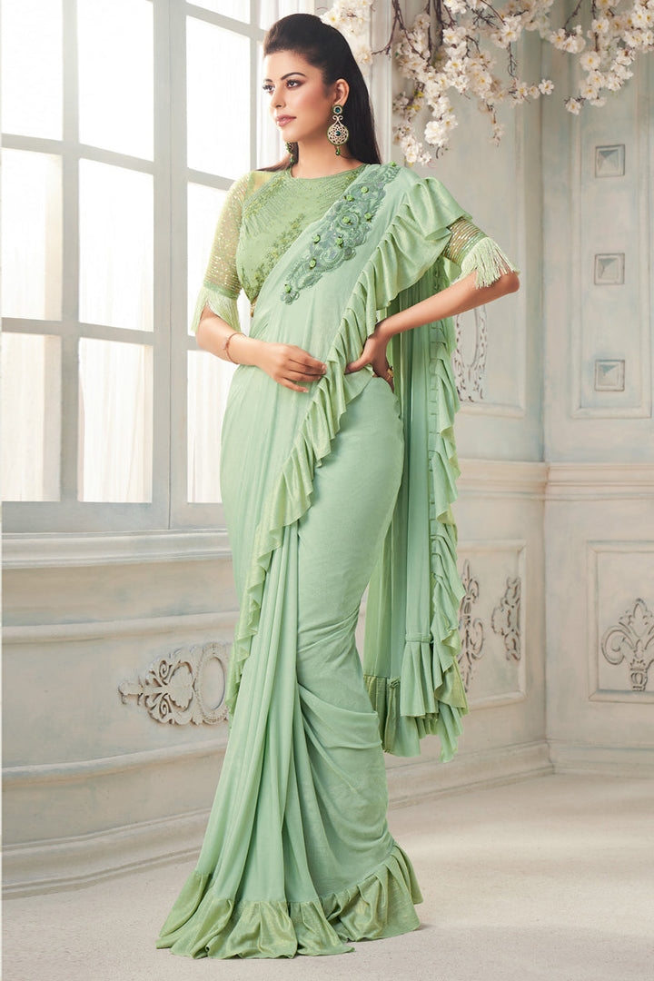 Sea Green Color Art Silk Fabric Embroidered Designer Saree