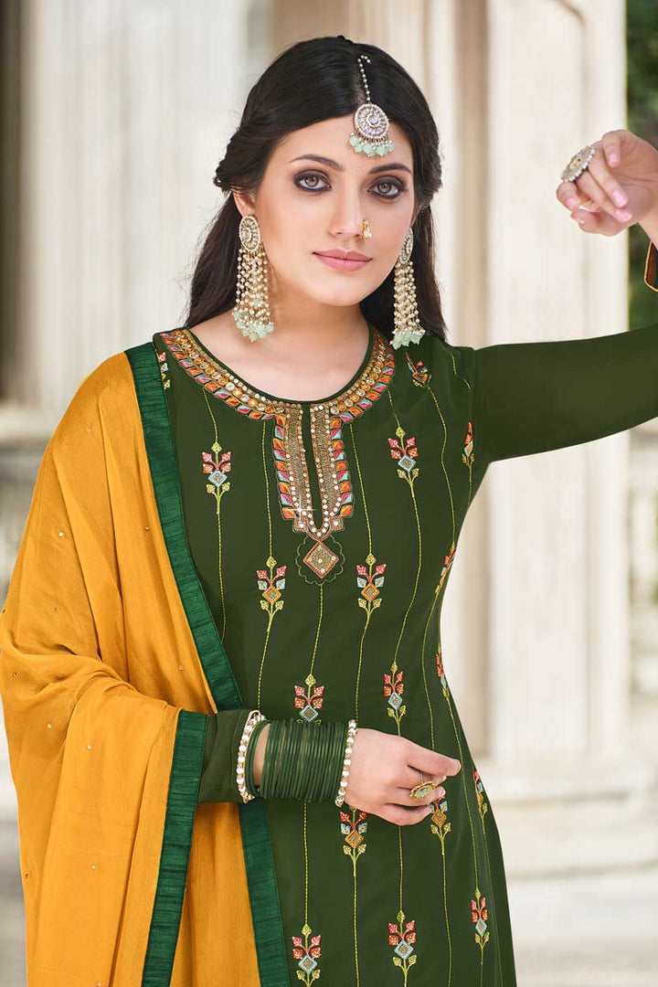 Magnificent Embroidered Work On Mehendi Green Color Georgette Fabric Function Wear Palazzo Suit