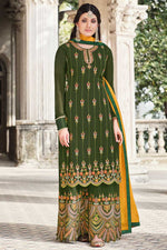 Load image into Gallery viewer, Magnificent Embroidered Work On Mehendi Green Color Georgette Fabric Function Wear Palazzo Suit
