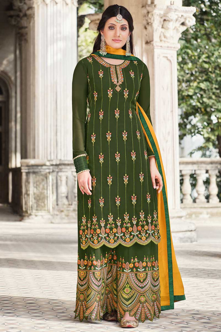 Magnificent Embroidered Work On Mehendi Green Color Georgette Fabric Function Wear Palazzo Suit
