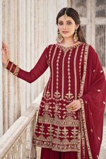 Load image into Gallery viewer, Splendid Georgette Fabric Maroon Color Function Wear Palazzo Suit With Embroidered Work
