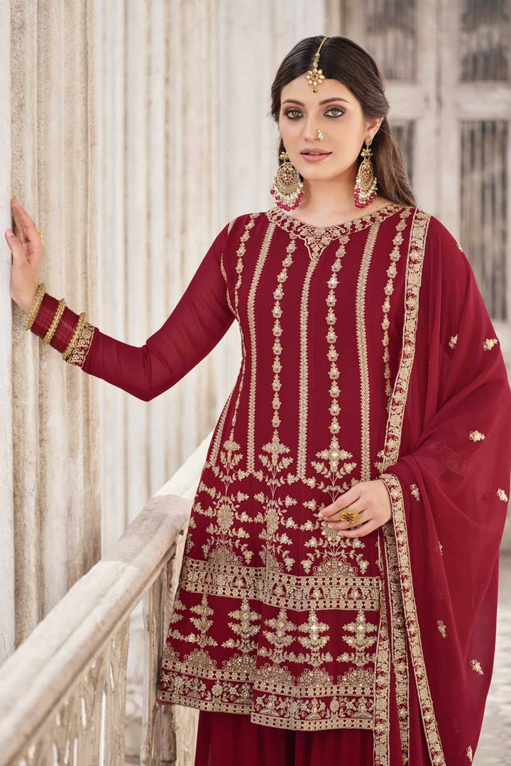Splendid Georgette Fabric Maroon Color Function Wear Palazzo Suit With Embroidered Work