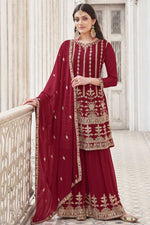 Load image into Gallery viewer, Splendid Georgette Fabric Maroon Color Function Wear Palazzo Suit With Embroidered Work
