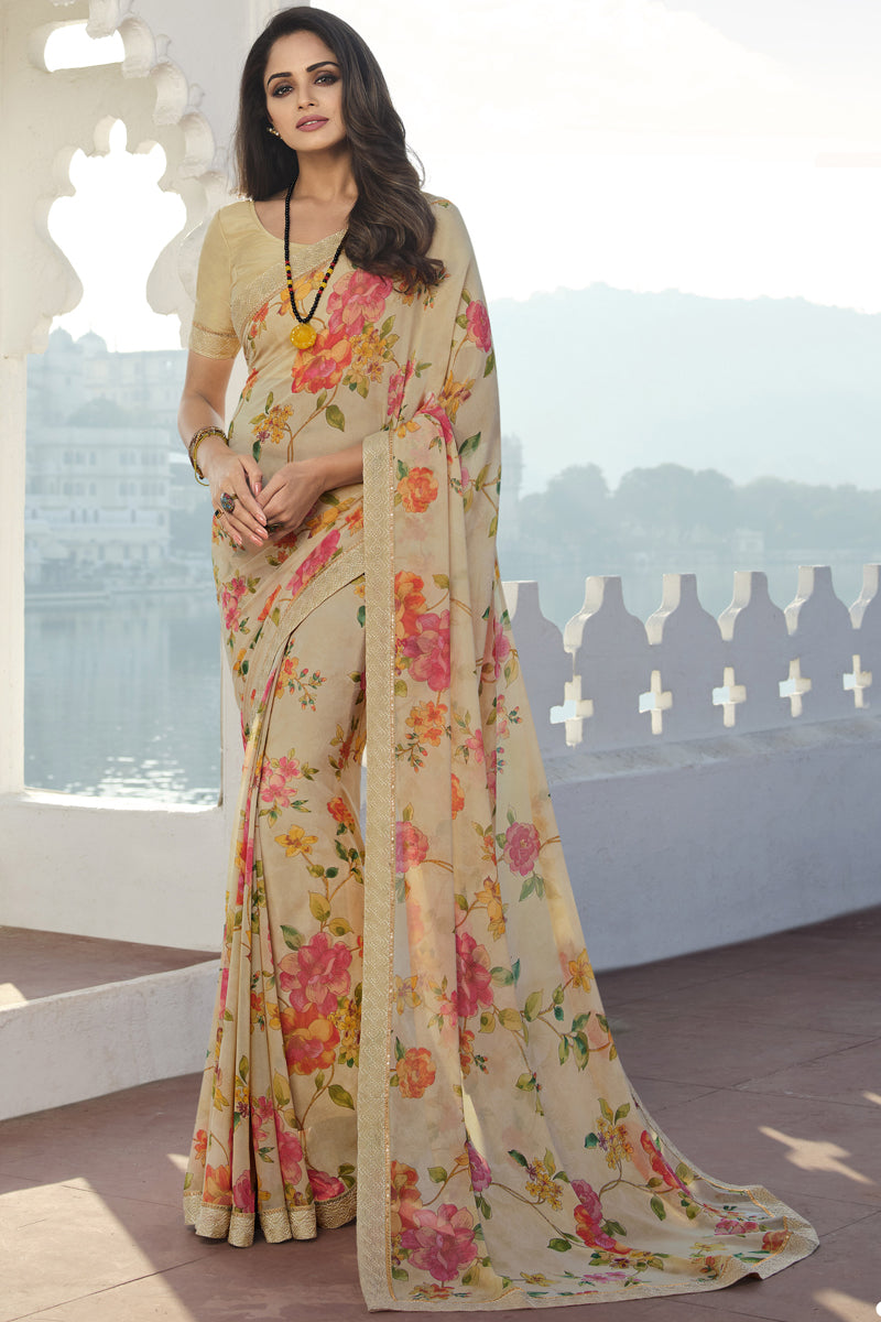 Cream Brilliant Georgette Printed Saree