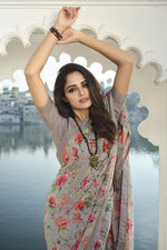 Load image into Gallery viewer, Soothing Georgette Printed Saree In Grey Color
