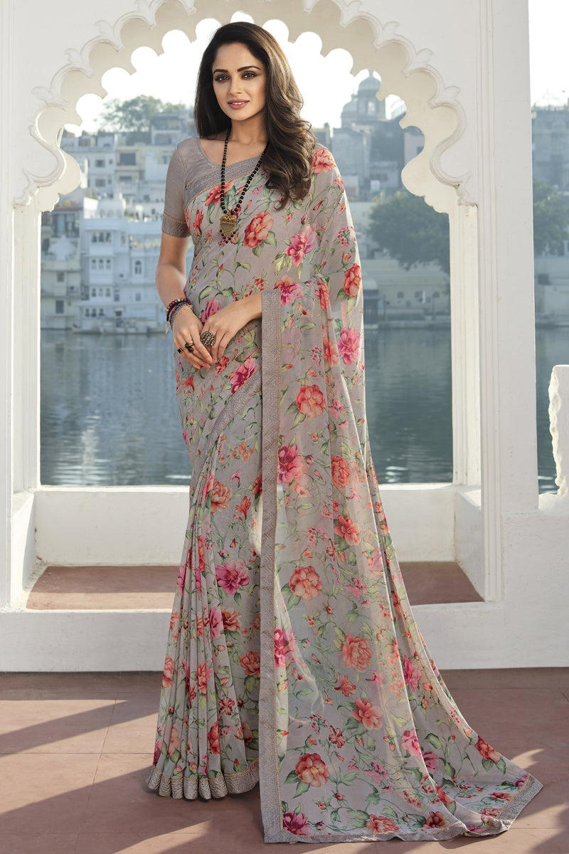 Soothing Georgette Printed Saree In Grey Color