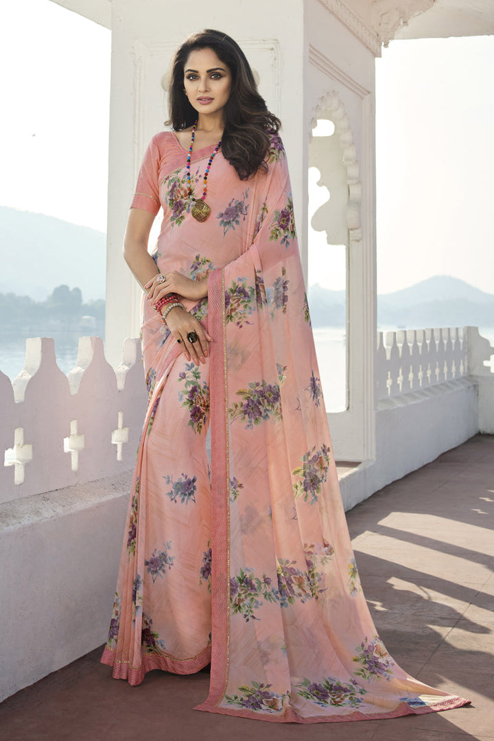 Blazing Peach Georgette Printed Saree