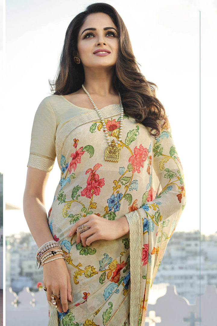 Gorgeous Georgette Beige Printed Saree