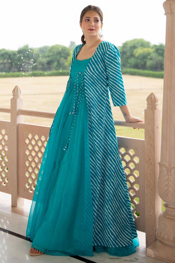 Fancy Fabric Party Style Designer Embroidered Readymade Gown In Cyan Color