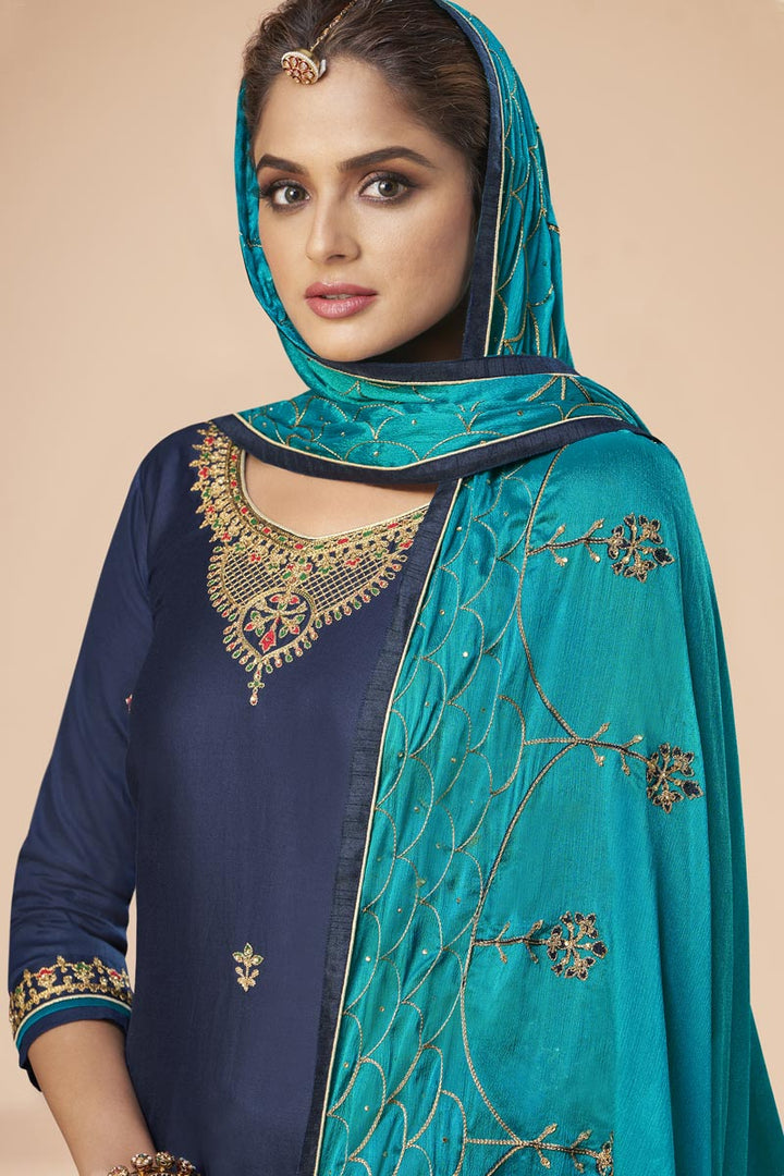 Navy Blue Color Festive Wear Trendy Embroidered Straight Cut Suit In Art Silk Fabric