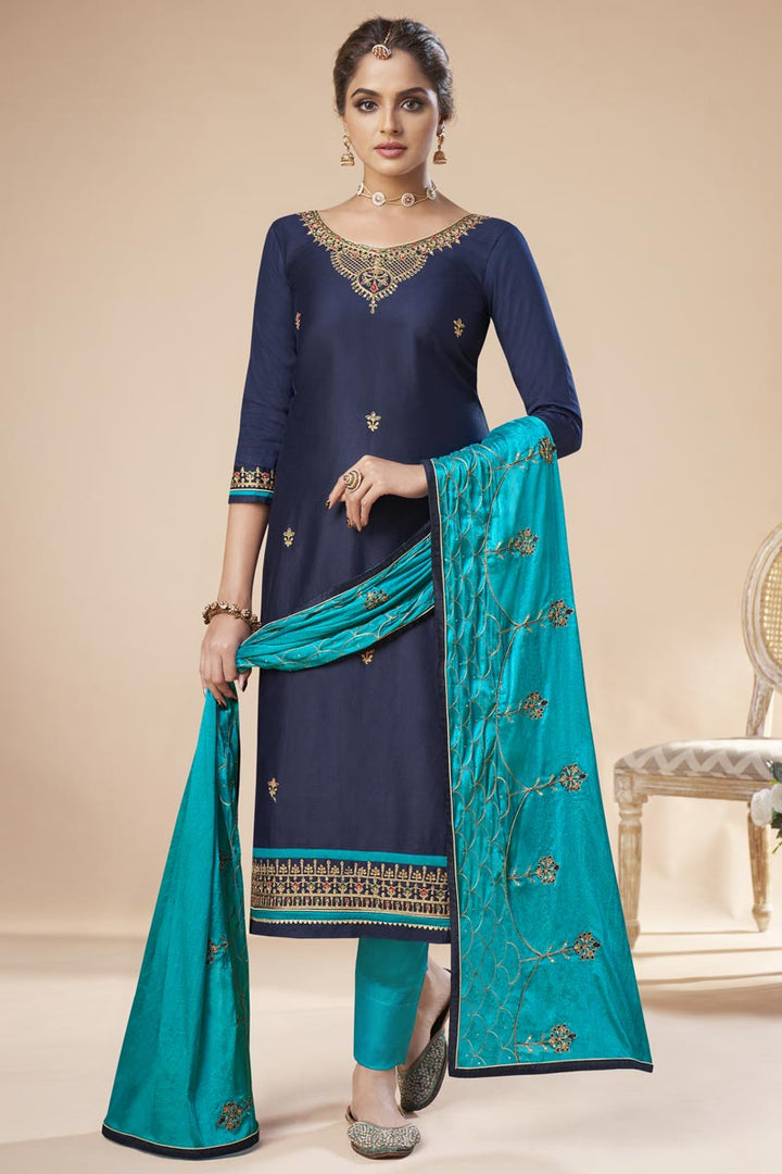 Navy Blue Color Festive Wear Trendy Embroidered Straight Cut Suit In Art Silk Fabric