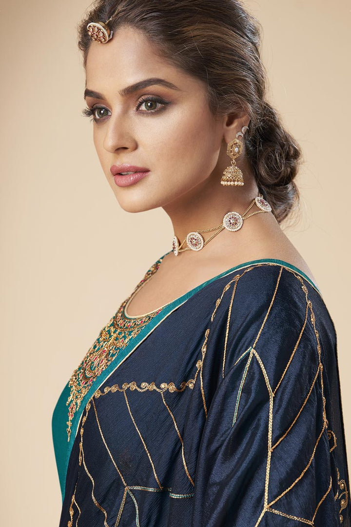 Festive Wear Trendy Cyan Color Embroidered Straight Cut Suit In Art Silk Fabric