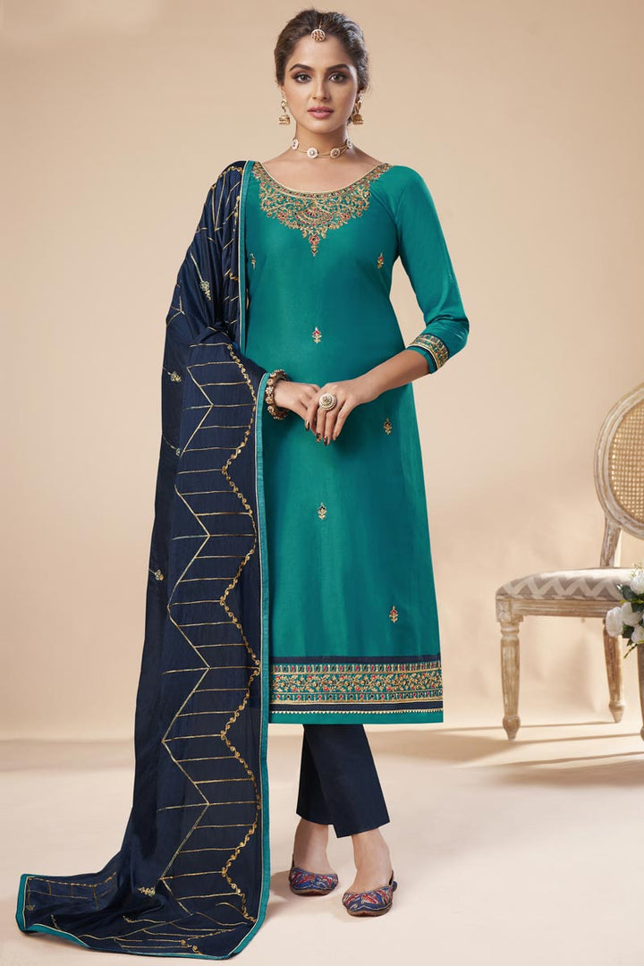 Festive Wear Trendy Cyan Color Embroidered Straight Cut Suit In Art Silk Fabric