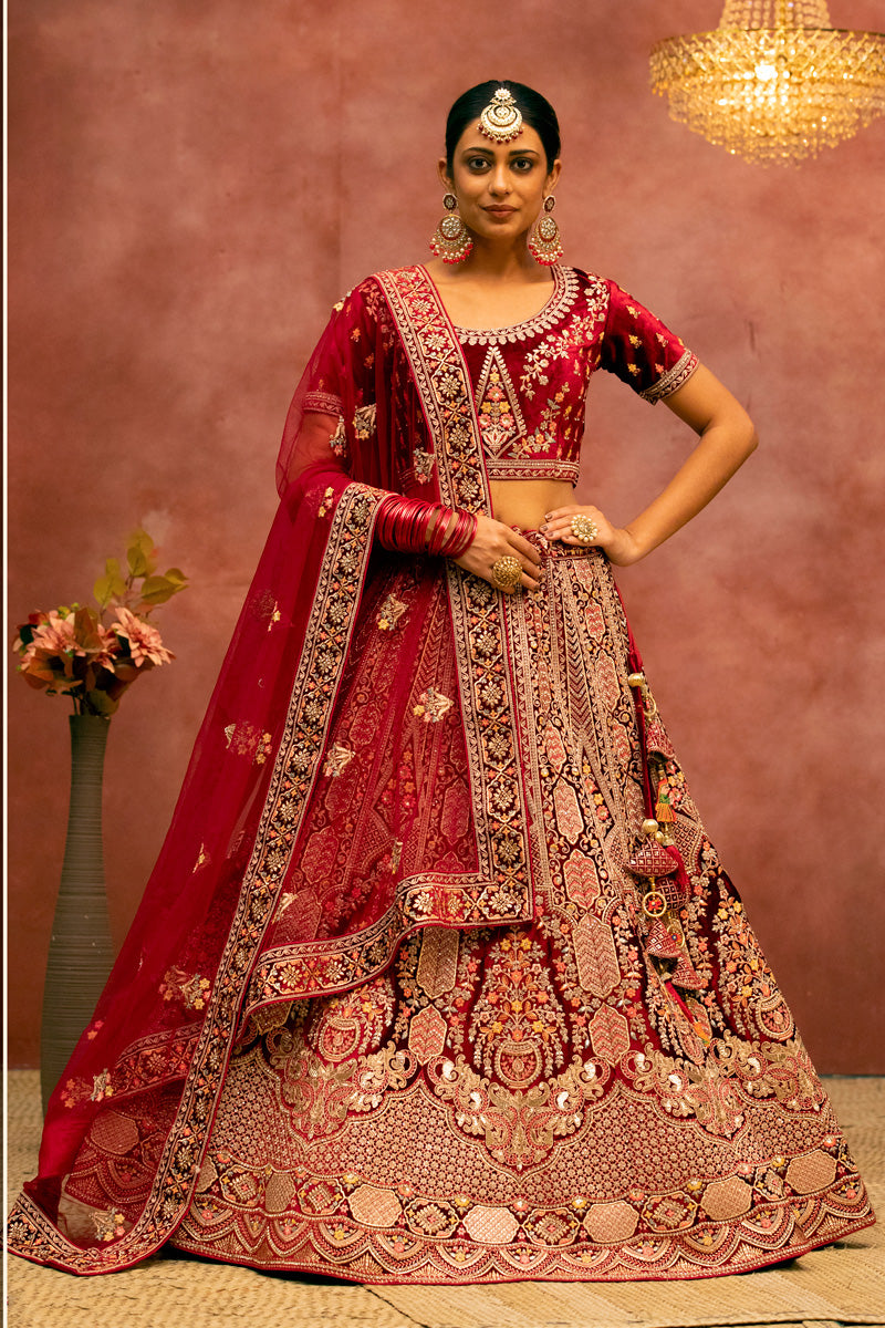 Red Color Embroidered Work Winsome Bridal Velvet Lehenga Choli