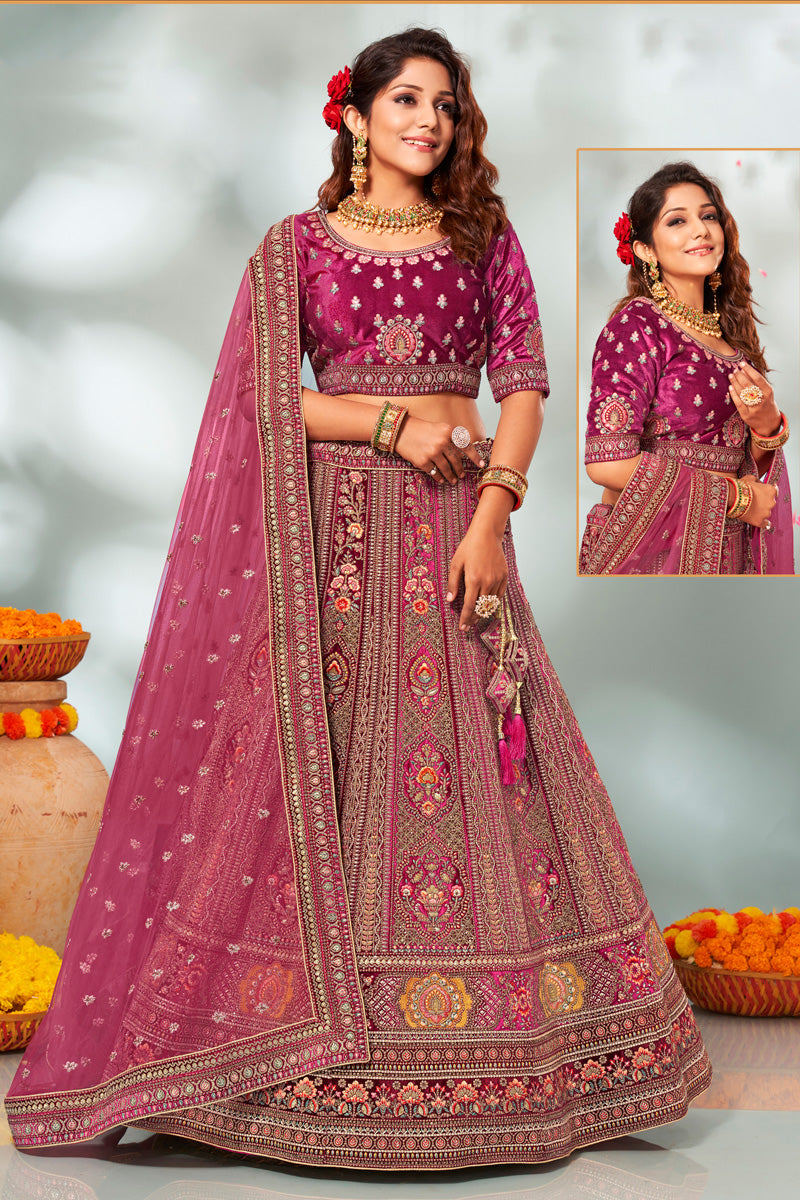 Embroidered Work Wonderful Bridal Velvet Lehenga Choli In Pink Color